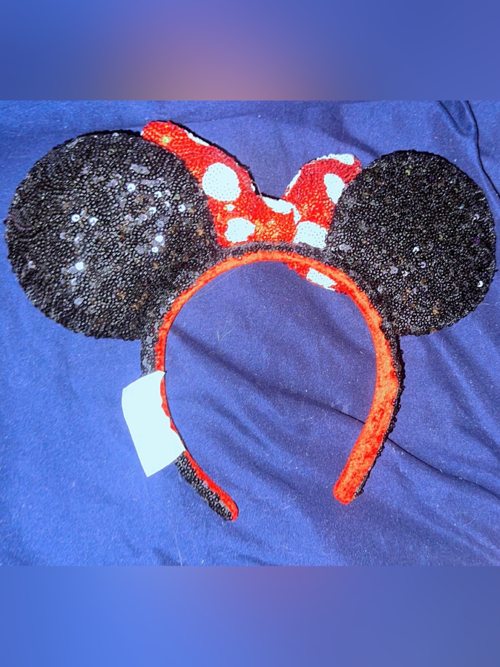 NWT Sequin Minnie Mouse Ears Headband Black & Red Bow Iridescent Glimmer in Sun